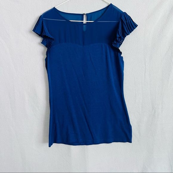 Express Tops - Express • Royal Blue Sweetheart Neckline with Mesh Yoke and Flutter Cap Sleeves